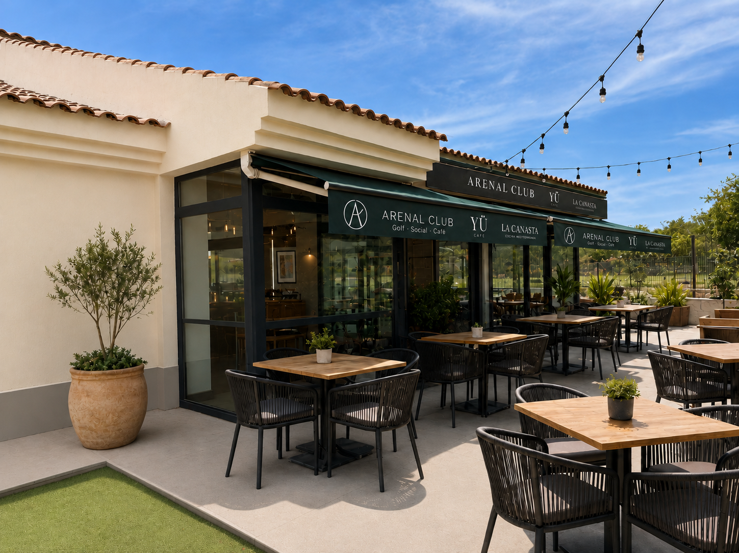 Shared brand layer — Arenal Club exterior terrace branding
